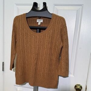 LOFT Carmel Tan Cable Knit Sweater with 3/4 Sleeves